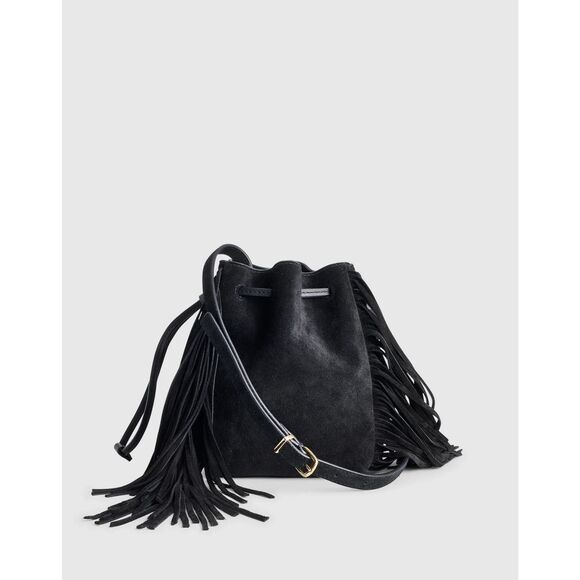 New $158  Madewell The Mini Drawstring Crossbody Black Suede Fringe Bucket Bag - Picture 2 of 4